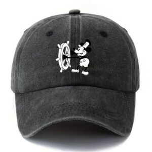 Black KID’s Steamboat Willie Mickey Adjustable Distressed Baseball Cap Ages 6-13